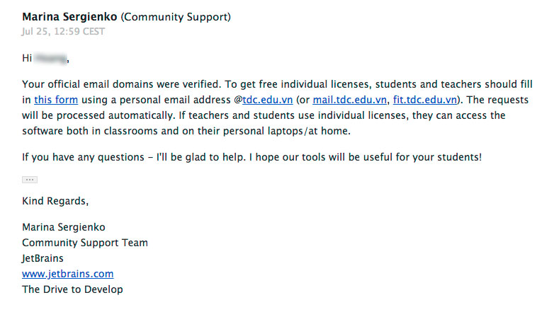 Email xác nhận từ JetBrains